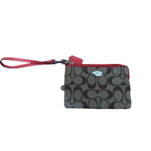 COACH Coin Purse with Card Slots Brown Canvas Red Trim Wallet